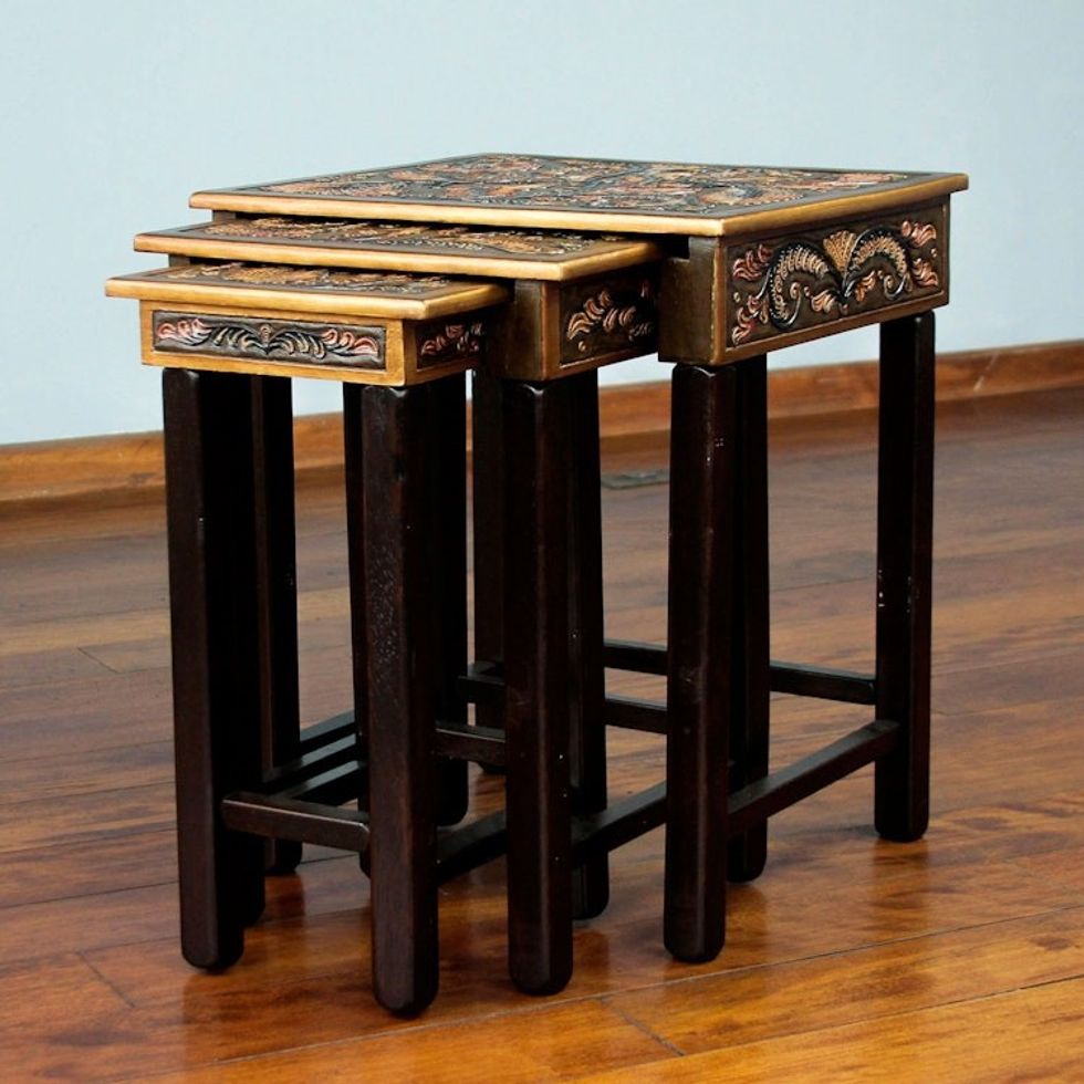 Artisan Crafted Tooled Leather Wood Side Table Set of 3 'Bird of Paradise'