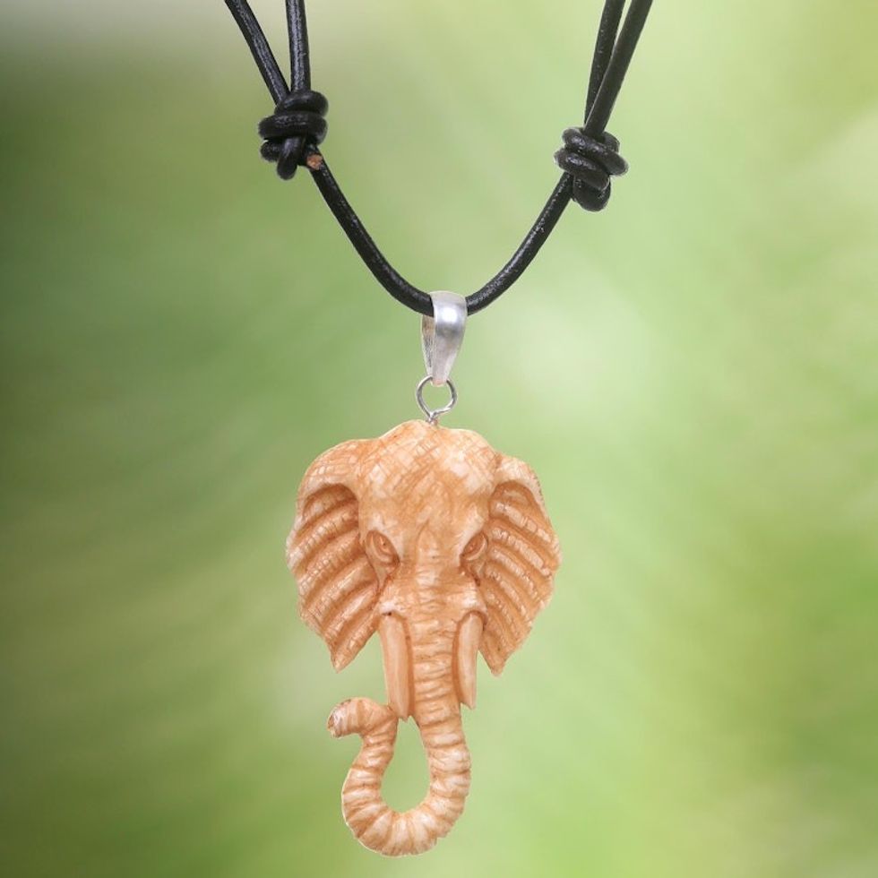 Artisan Crafted Brown Elephant Necklace in Leather and Bone 'Spirit of the Elephant'