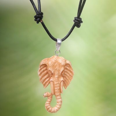 Alternate image for Artisan Crafted Brown Elephant Necklace in Leather and Bone Spirit of the Elephant