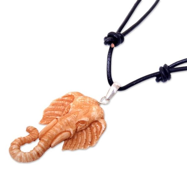 Alternate image for Artisan Crafted Brown Elephant Necklace in Leather and Bone Spirit of the Elephant