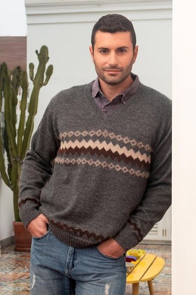 Alternate image for 100 Alpaca Dark Grey Mens Pullover Sweater from Peru Andes Grey