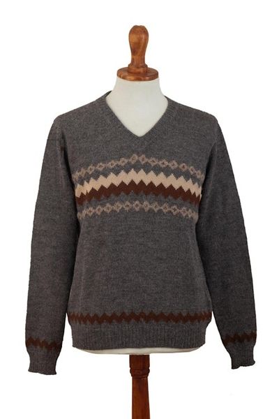 Alternate image for 100 Alpaca Dark Grey Mens Pullover Sweater from Peru Andes Grey