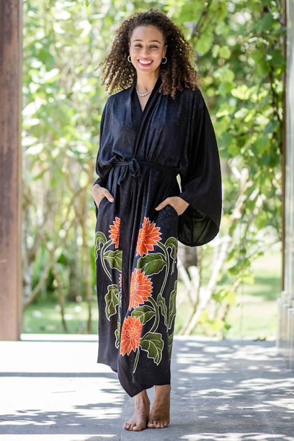 Alternate image for Hand Painted Black Floral Rayon Robe Sunflower on Black