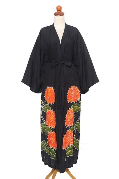 Alternate image for Hand Painted Black Floral Rayon Robe Sunflower on Black