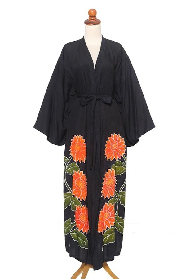Alternate image for Hand Painted Black Floral Rayon Robe Sunflower on Black