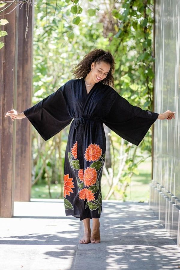 Alternate image for Hand Painted Black Floral Rayon Robe Sunflower on Black