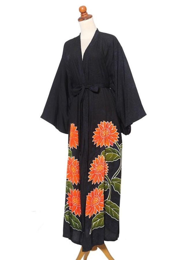 Alternate image for Hand Painted Black Floral Rayon Robe Sunflower on Black