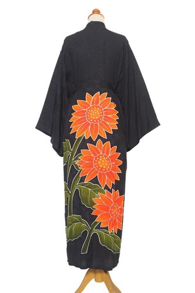 Alternate image for Hand Painted Black Floral Rayon Robe Sunflower on Black