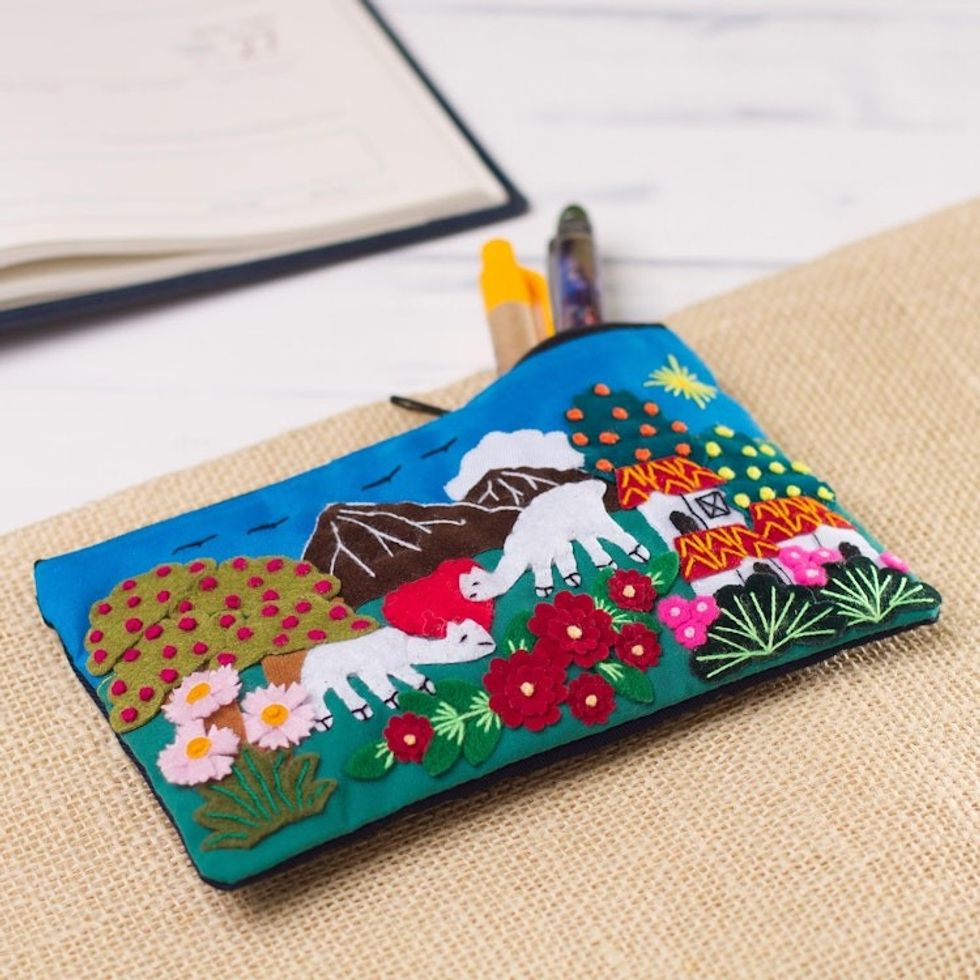 Grazing Alpacas Colorful Cotton Blend Appliqu Pencil Case 'Happy Alpaca'