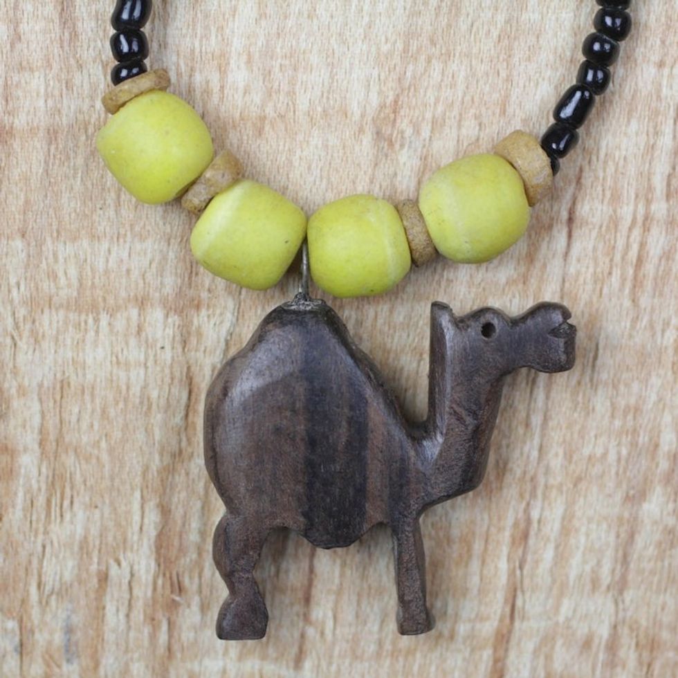 Ebony Wood and Glass Camel Pendant Necklace from Ghana 'On Dry Land'