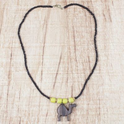 Alternate image for Ebony Wood and Glass Camel Pendant Necklace from Ghana On Dry Land