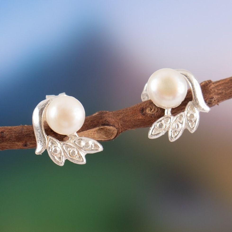 Cultured Pearl Sterling Silver Wing-Shaped Button Earrings 'Embrace Freedom'