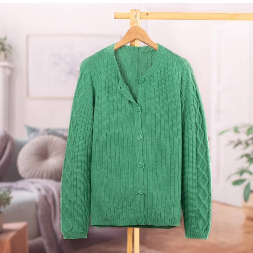 Cable Knit and Striped Green 100 Alpaca Button-Up Sweater 'Dreamy Green'