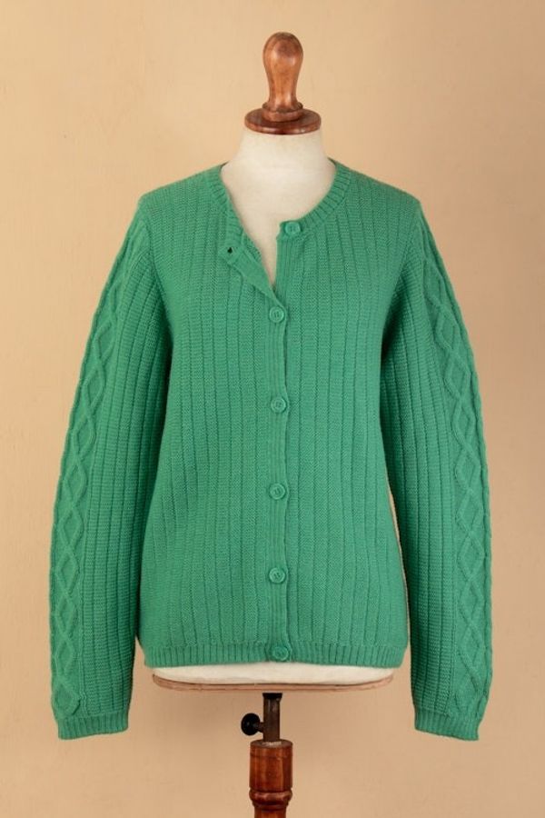 Alternate image for Cable Knit and Striped Green 100 Alpaca Button-Up Sweater Dreamy Green
