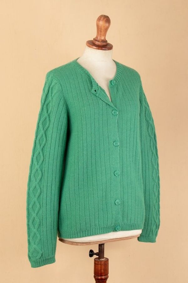 Alternate image for Cable Knit and Striped Green 100 Alpaca Button-Up Sweater Dreamy Green
