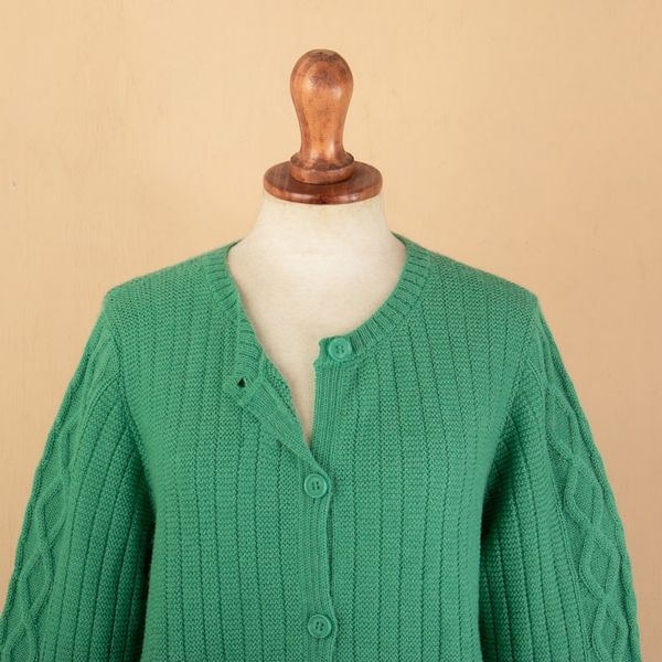 Alternate image for Cable Knit and Striped Green 100 Alpaca Button-Up Sweater Dreamy Green