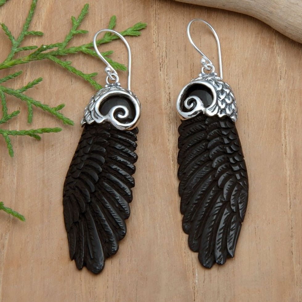Wing-Shaped Sterling Silver Dangle Earrings in Black 'Midnight Flight'