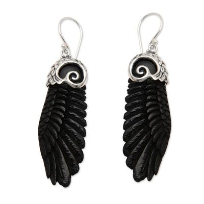 Alternate image for Wing-Shaped Sterling Silver Dangle Earrings in Black Midnight Flight