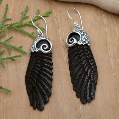 Alternate image for Wing-Shaped Sterling Silver Dangle Earrings in Black Midnight Flight