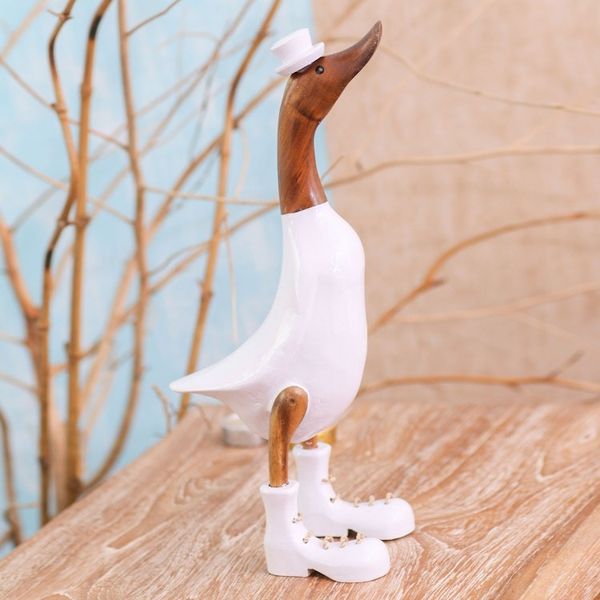 Alternate image for Bamboo Root and Wood Duck Sculpture in White from Bali White Dapper Duck