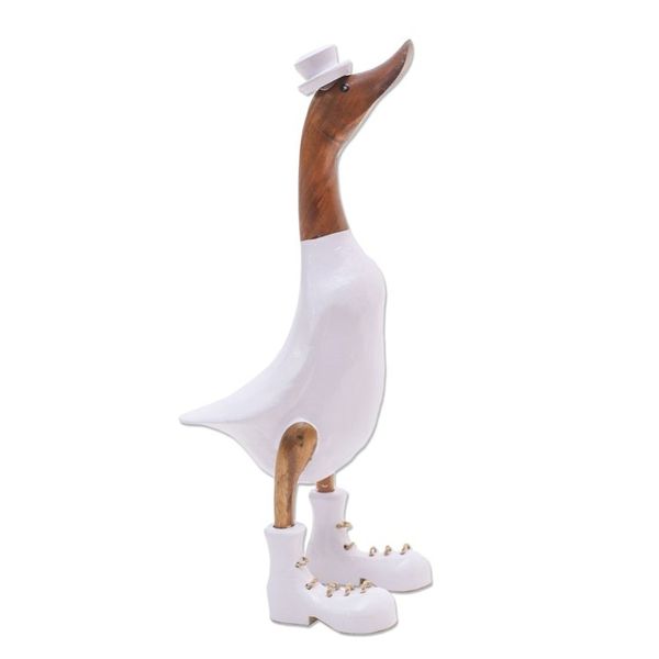 Alternate image for Bamboo Root and Wood Duck Sculpture in White from Bali White Dapper Duck