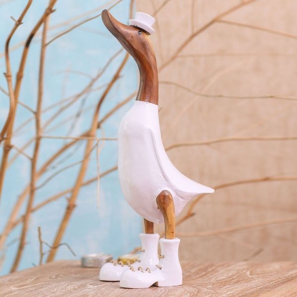 Alternate image for Bamboo Root and Wood Duck Sculpture in White from Bali White Dapper Duck