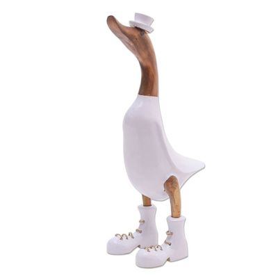 Alternate image for Bamboo Root and Wood Duck Sculpture in White from Bali White Dapper Duck