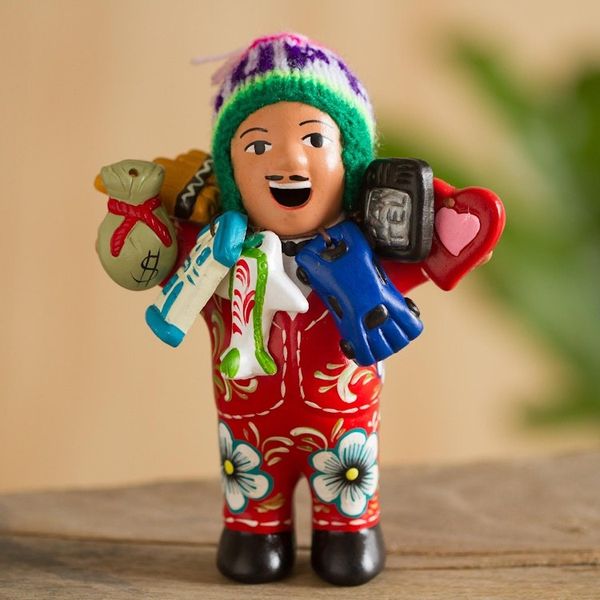 Alternate image for Ceramic Ekeko Sculpture with Wool Cap from Peru Ekeko of Abundance in Red