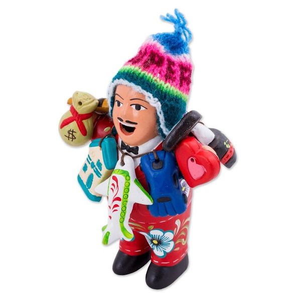 Alternate image for Ceramic Ekeko Sculpture with Wool Cap from Peru Ekeko of Abundance in Red