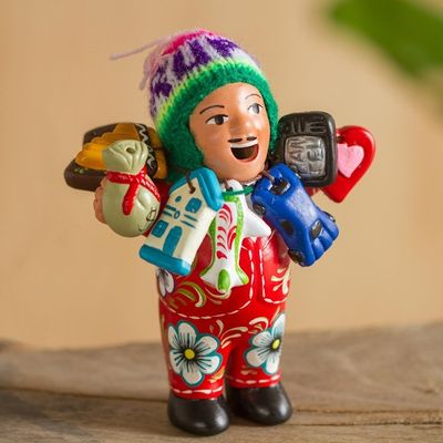Alternate image for Ceramic Ekeko Sculpture with Wool Cap from Peru Ekeko of Abundance in Red
