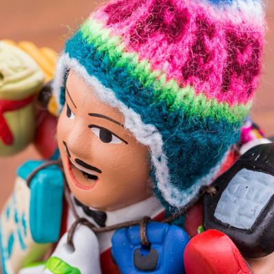 Alternate image for Ceramic Ekeko Sculpture with Wool Cap from Peru Ekeko of Abundance in Red