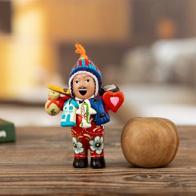 Alternate image for Ceramic Ekeko Sculpture with Wool Cap from Peru Ekeko of Abundance in Red