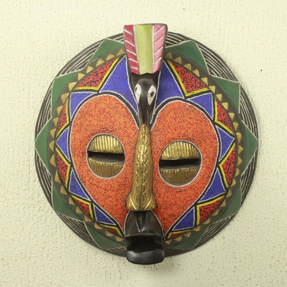 Hand Crafted African Beaded Mask Heart Shaped 'Akoma Bird'