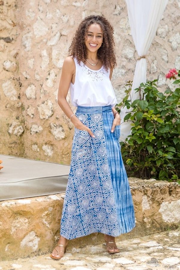 Alternate image for Cerulean and Ivory Hand-Stamped Batik Cotton Skirt from Java Cerulean Wealth