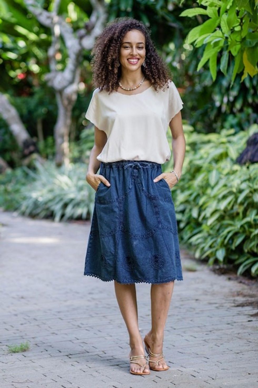 Blue Cotton Skirt with Lace Trim 'Journey Home'