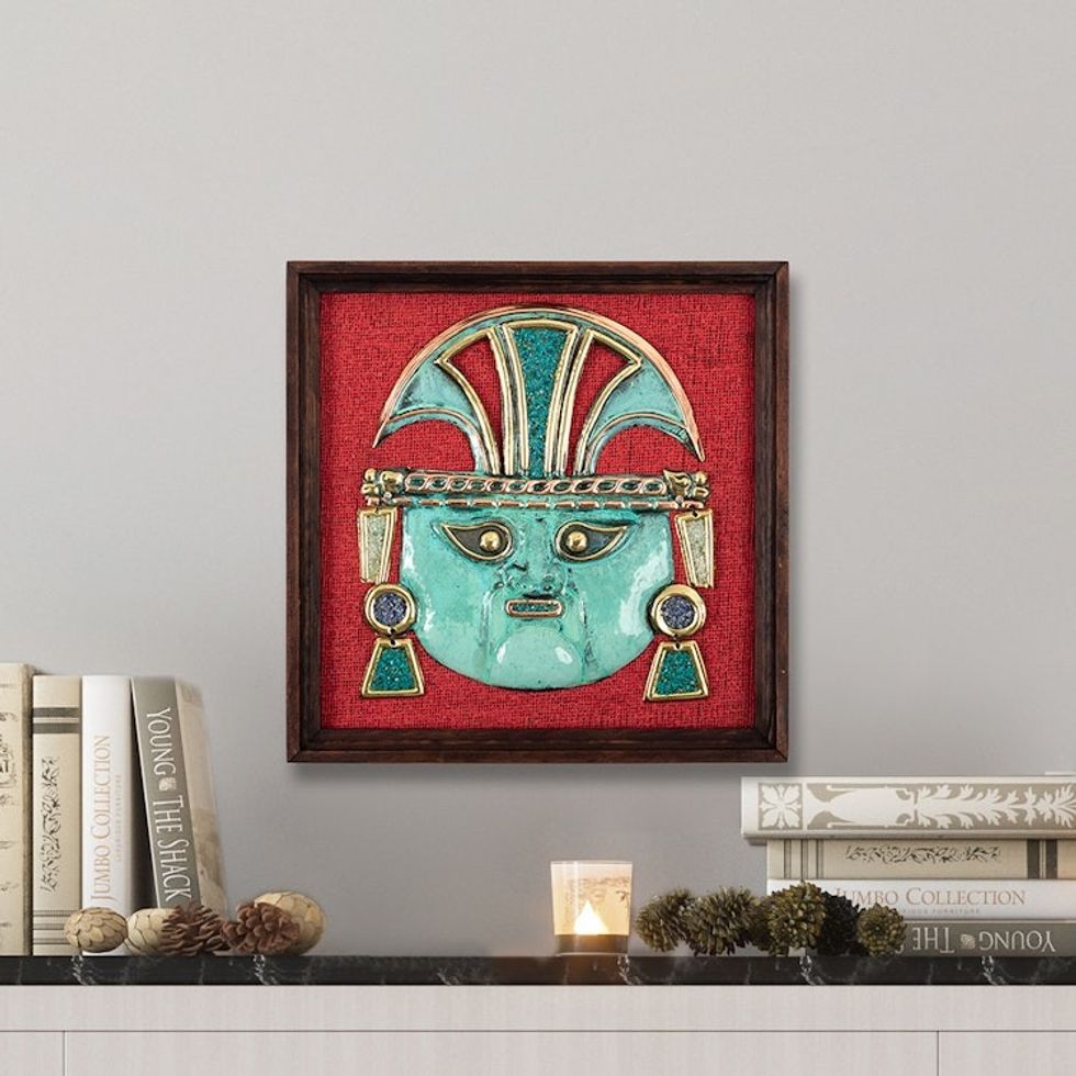 Classic Inca Gemstone-Accented Copper and Bronze Wall Art 'Warrior of The Andes'