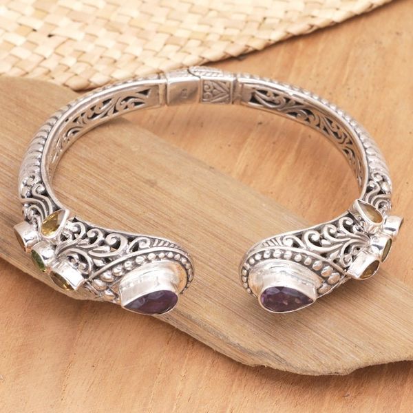 Alternate image for Balinese Multi-Gemstone Sterling Silver Cuff Bracelet Shining Woman