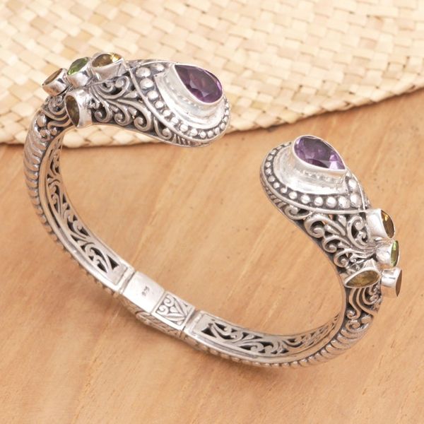 Alternate image for Balinese Multi-Gemstone Sterling Silver Cuff Bracelet Shining Woman