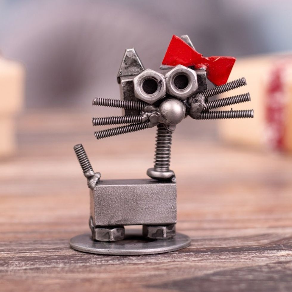 Recycled Auto Part Figurine of Female Cat with a Red Bow 'Bow Cat'