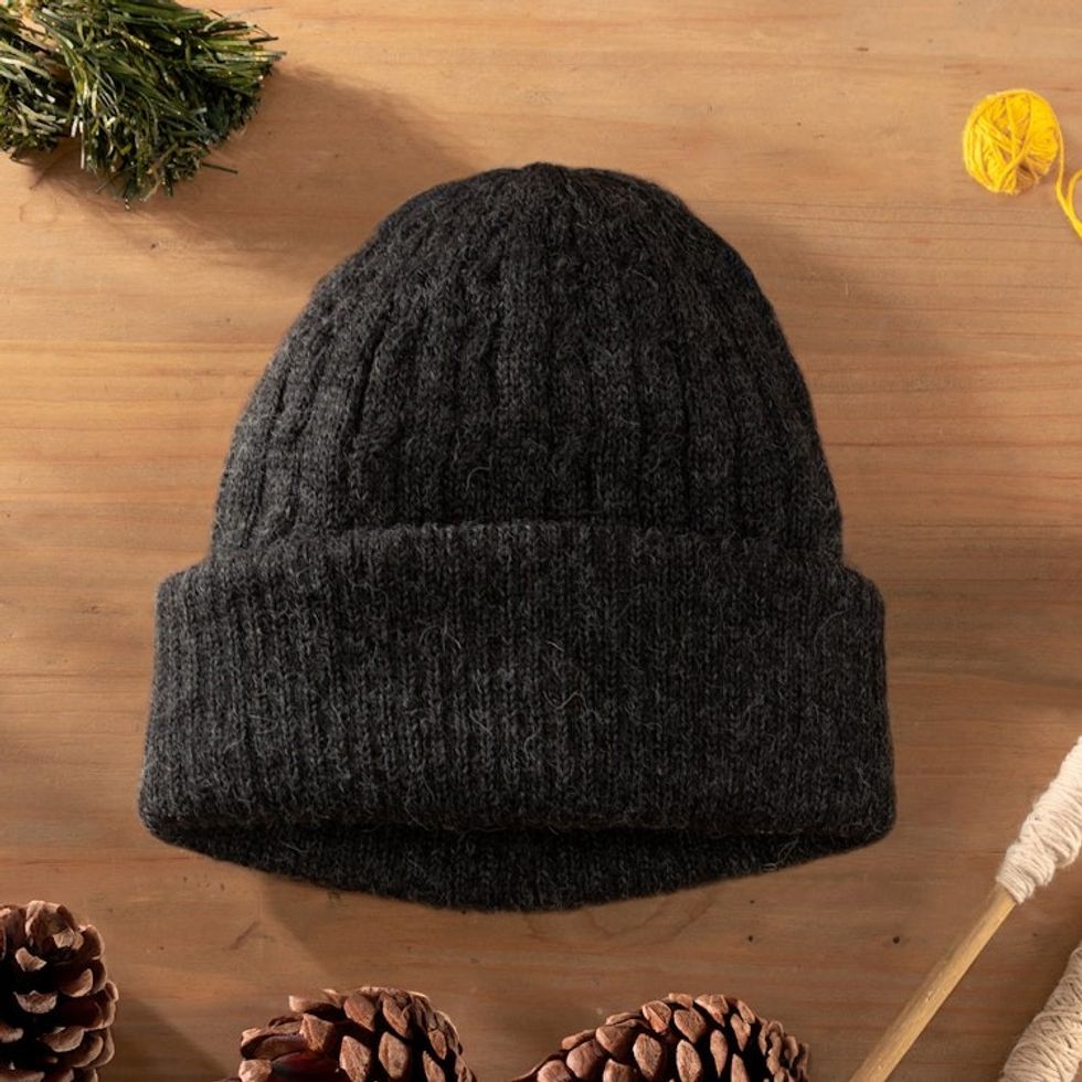 100 Alpaca Knit Textured Beanie Hat in Grey Hue from Peru 'Charcoal Style'
