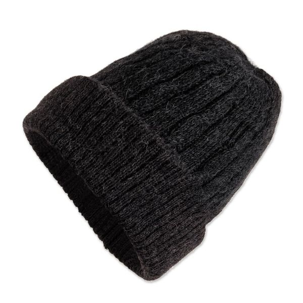 Alternate image for 100 Alpaca Knit Textured Beanie Hat in Grey Hue from Peru Charcoal Style