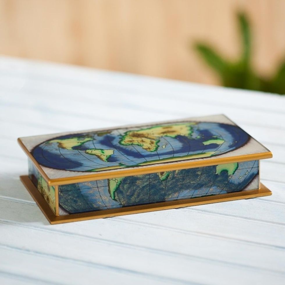 Map of the World Reverse-Painted Glass Wood Decorative Box 'World View'