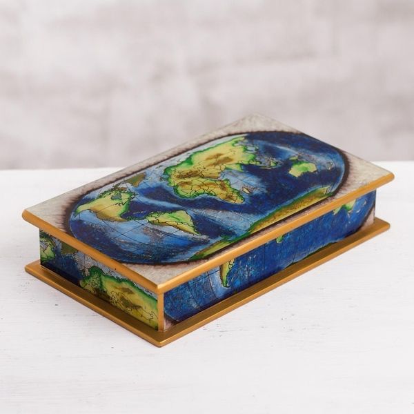 Alternate image for Map of the World Reverse-Painted Glass Wood Decorative Box World View