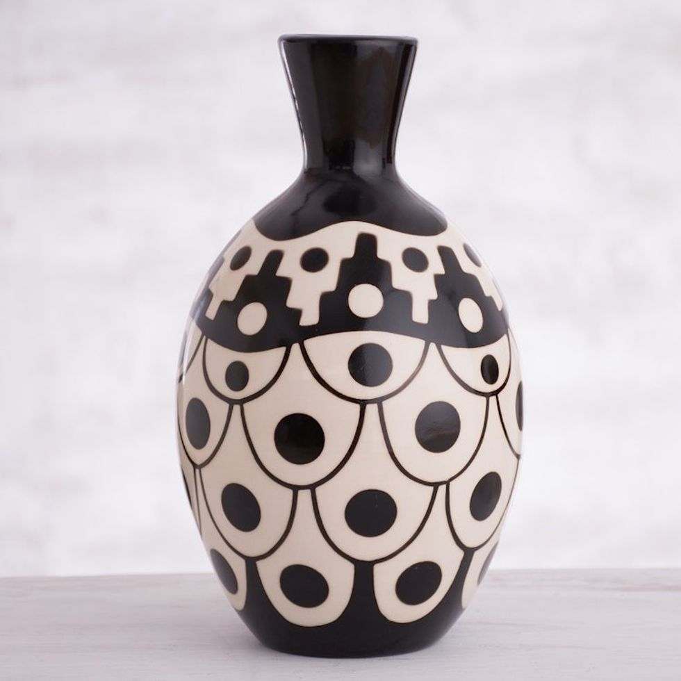 Black and Ivory Chulucanas Ceramic Decorative Vase from Peru 'Desert Stair'