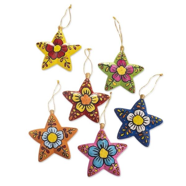 Alternate image for Ceramic Star Ornaments With Hand-Painted Flowers Set of 6 Ayacucho Flowered Stars