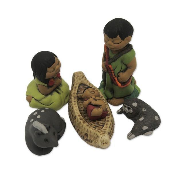 Alternate image for Handpainted Peruvian Amazon Ceramic Nativity Scene Figurines An Ashaninka Christmas