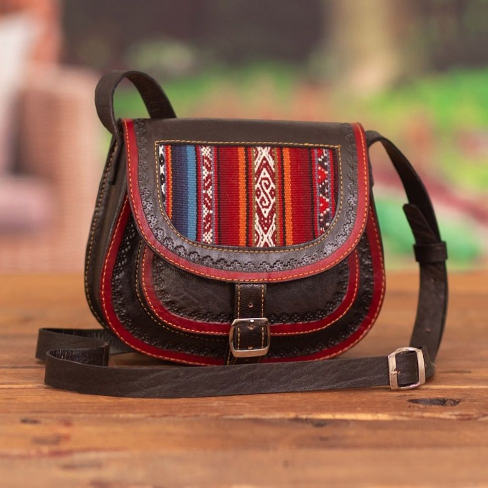 Handcrafted Wool Accent Leather Sling from Peru 'Trail Companion'