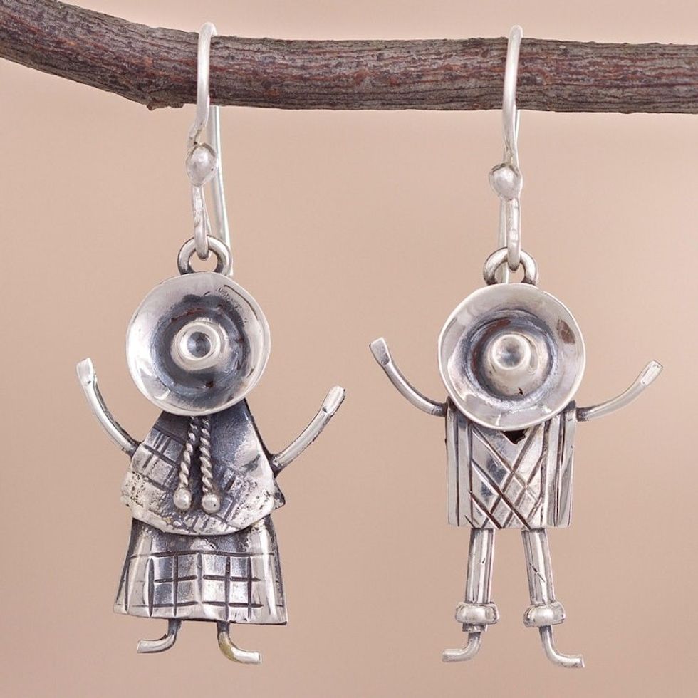 Sterling Silver Dangle Earrings of Andean People from Peru 'Cuzco Love'