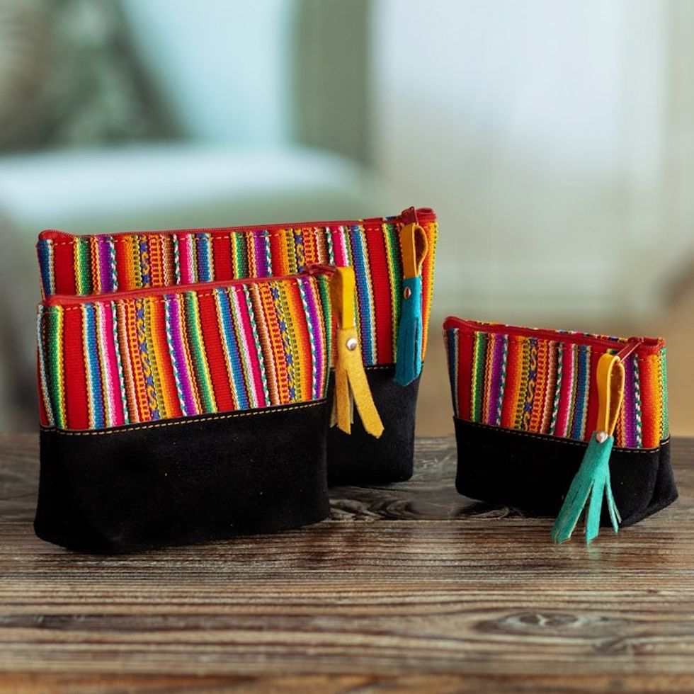 Handmade Wool Trim and Suede Cosmetic Bag from Peru Set of 3 'Andean Triplets'