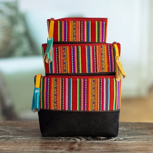 Alternate image for Handmade Wool Trim and Suede Cosmetic Bag from Peru Set of 3 Andean Triplets